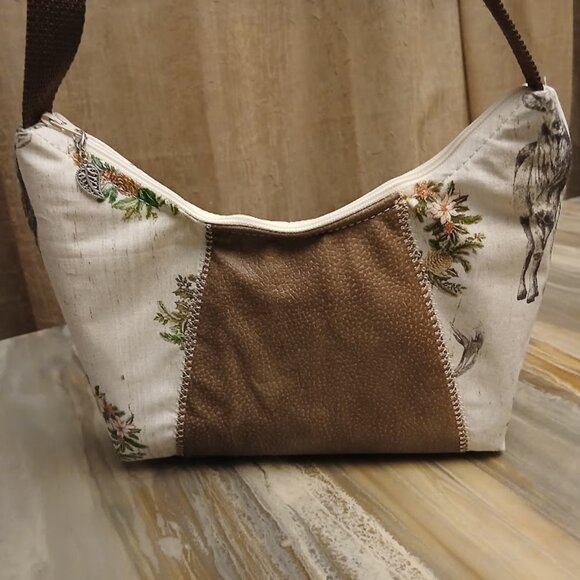 New Western Deer Top handle Shoulder Bag Purse Brown Ivory Crescent Baguette - Picture 3 of 7